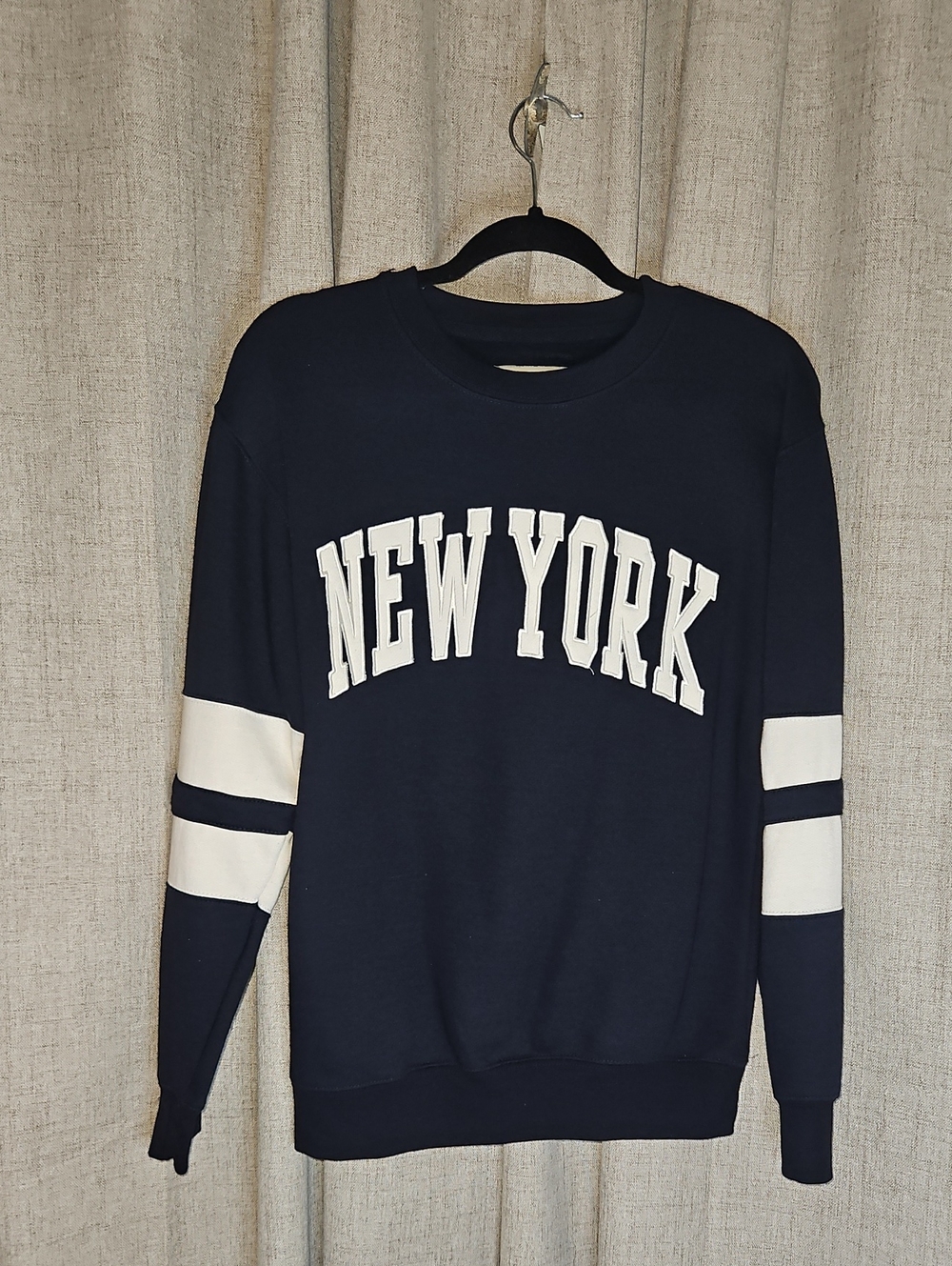 New York Navy Crewneck Sweater with White Stripes